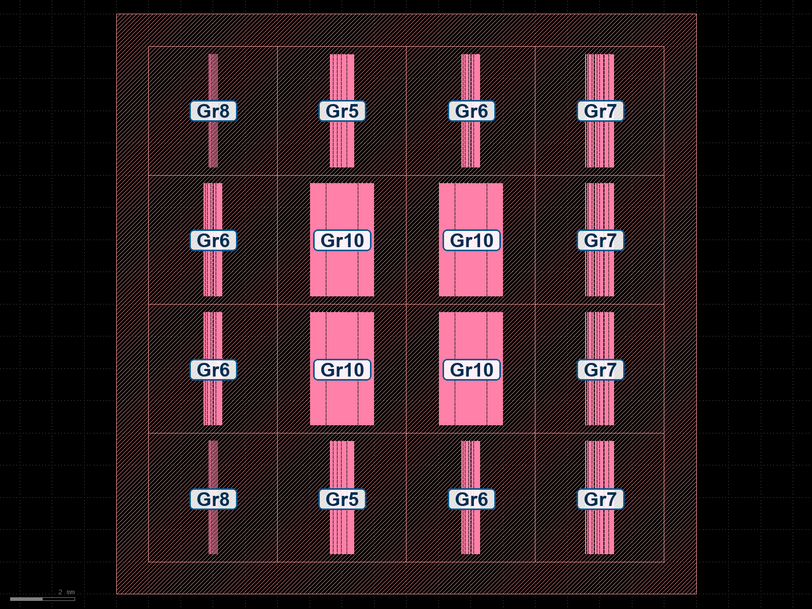 PT063のGDSレイアウトにGr5、Gr6、Gr7、Gr8、Gr10を各領域中央へ表示した図