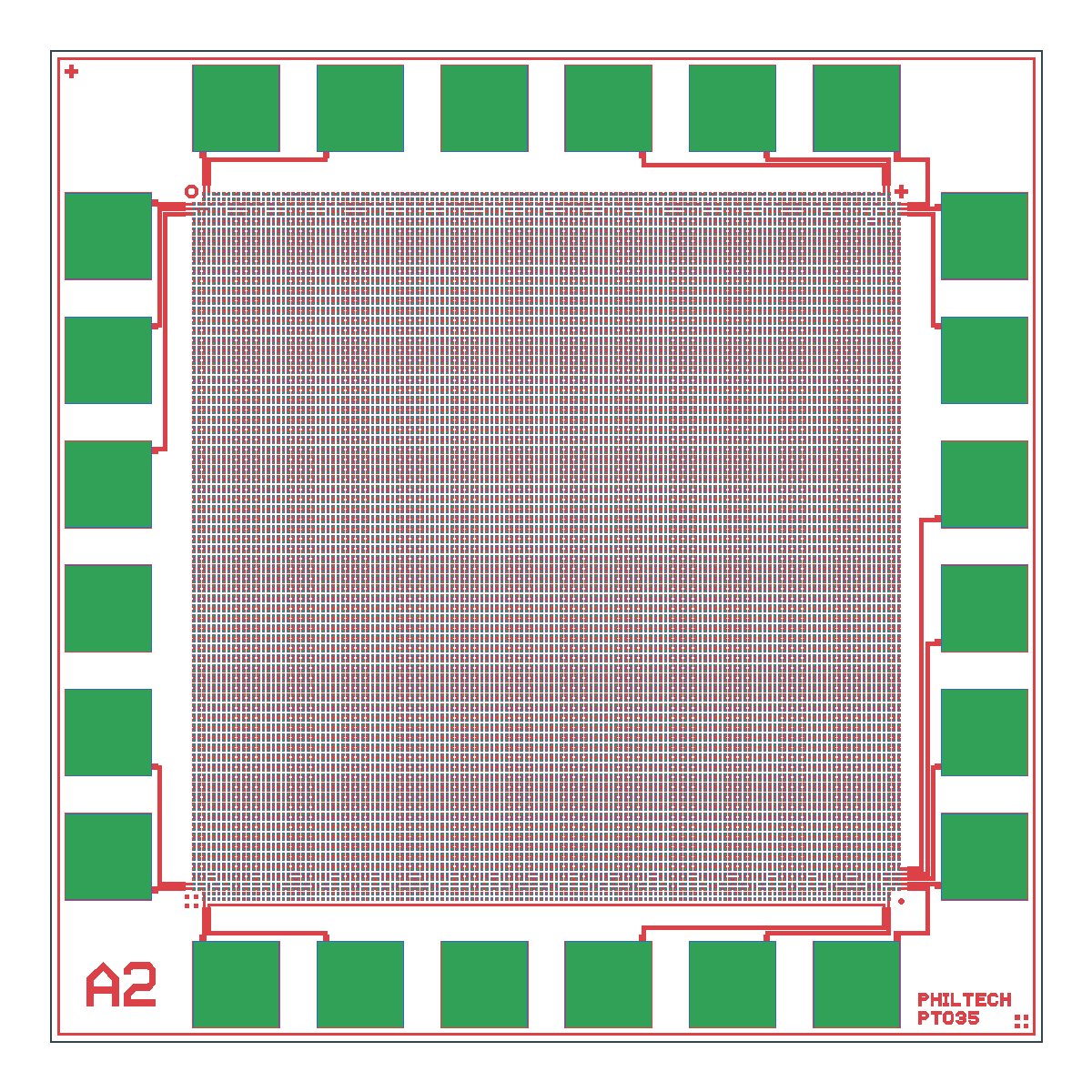 表示レイヤー1~3を色分けした、8 mm角のPT035A A2チップ全体GDS像