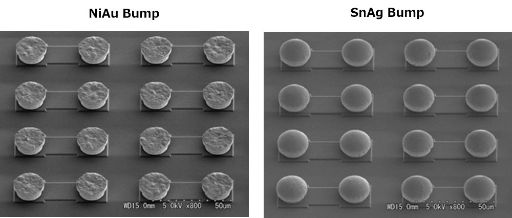 左側にPT035AのNiAuバンプ、右側にPT035BのSnAgバンプの形成後表面を示すSEM画像