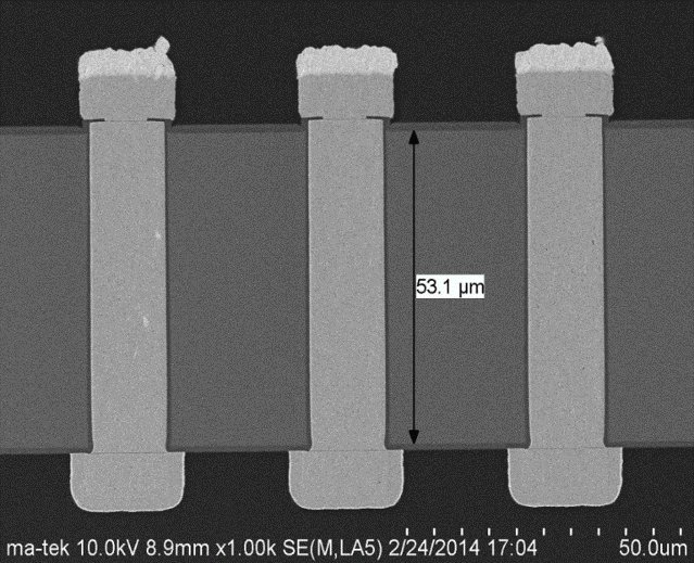 複数のTSV電極を示すインターポーザー例の断面SEM