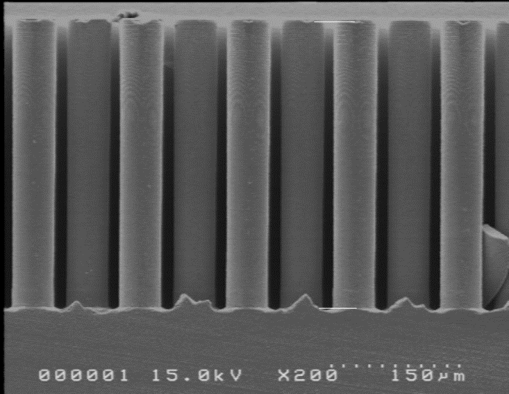 ボッシュエッチングで形成した径50µm、深さ340µmの密集ピラーパターン