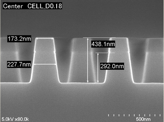 Cross-sectional SEM of PT004 after Si etching, with measurements at the imaged location